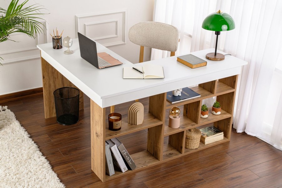 NORDVÄRK Vesper hjrne skrivebord, m. 5 hylder - hvid og Atlantic Pine melamin (130x50)
