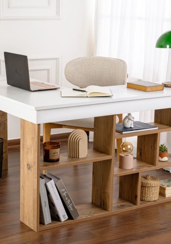 NORDVÄRK Vesper hjrne skrivebord, m. 5 hylder - hvid og Atlantic Pine melamin (130x50)