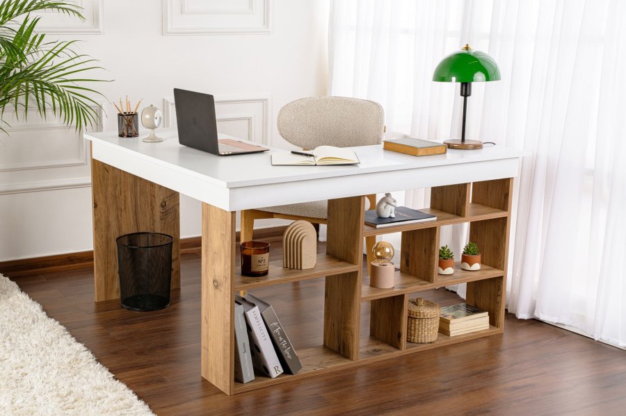 NORDVÄRK Vesper hjrne skrivebord, m. 5 hylder - hvid og Atlantic Pine melamin (130x50)