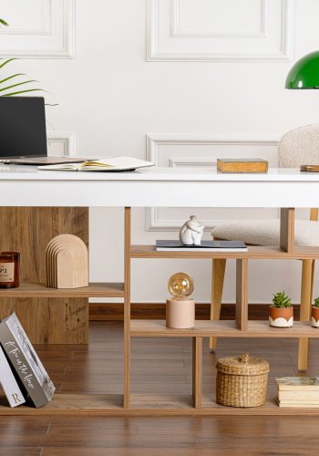 NORDVÄRK Vesper hjrne skrivebord, m. 5 hylder - hvid og Atlantic Pine melamin (130x50)