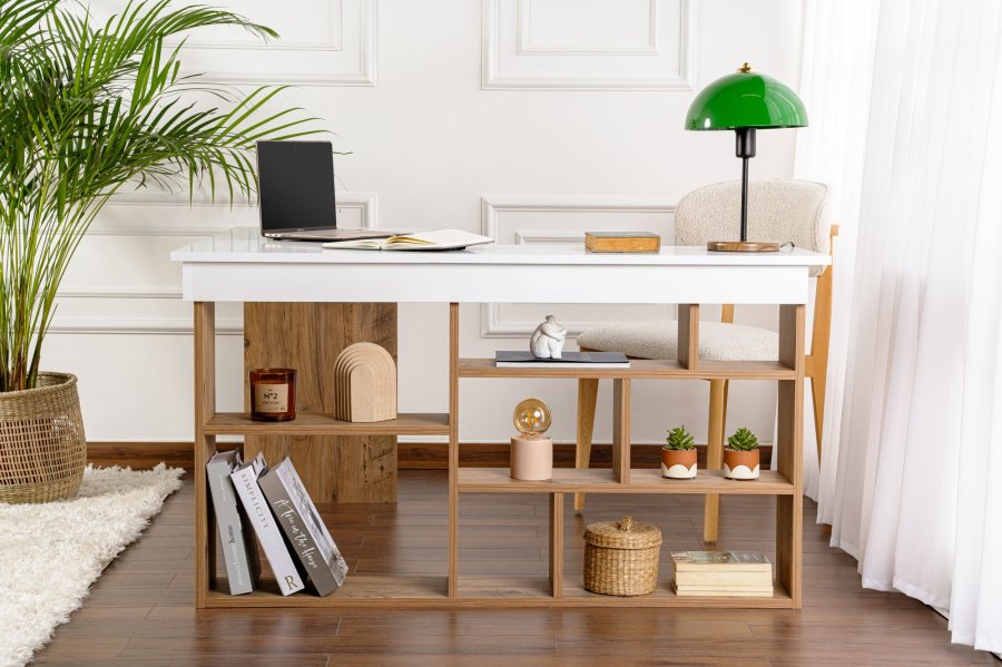 NORDVÄRK Vesper hjrne skrivebord, m. 5 hylder - hvid og Atlantic Pine melamin (130x50)