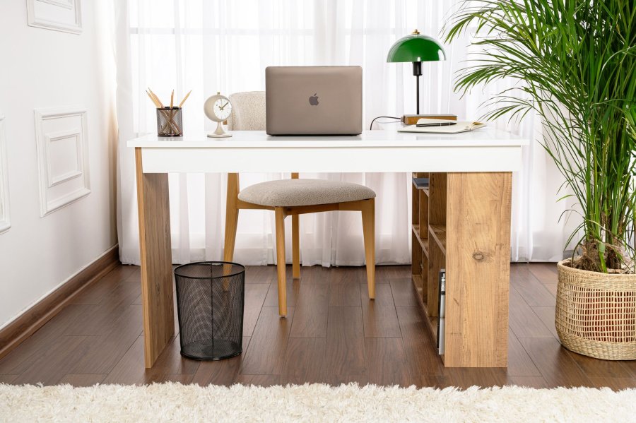 NORDVÄRK Vesper hjrne skrivebord, m. 5 hylder - hvid og Atlantic Pine melamin (130x50)