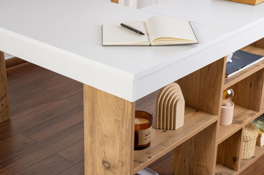 NORDVÄRK Vesper hjrne skrivebord, m. 5 hylder - hvid og Atlantic Pine melamin (130x50)