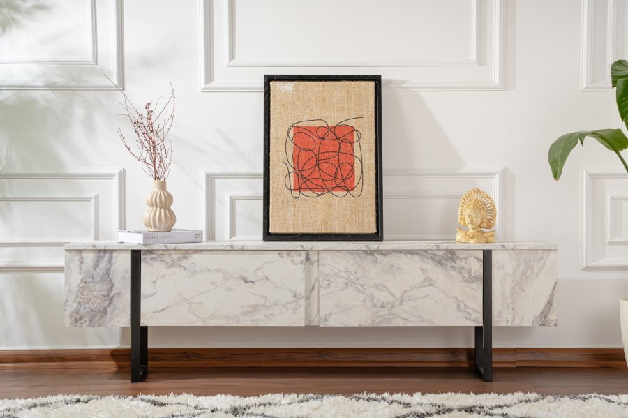 NORDVÄRK Serenity TV-bord, m. 2 lger - Fressia marmor melamin og sort (180x29,5)