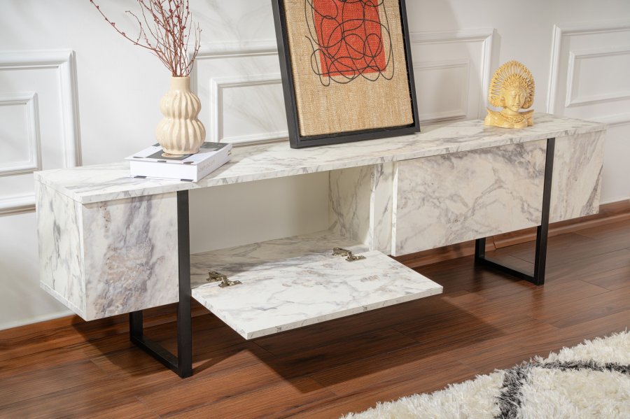 NORDVÄRK Serenity TV-bord, m. 2 lger - Fressia marmor melamin og sort (180x29,5)