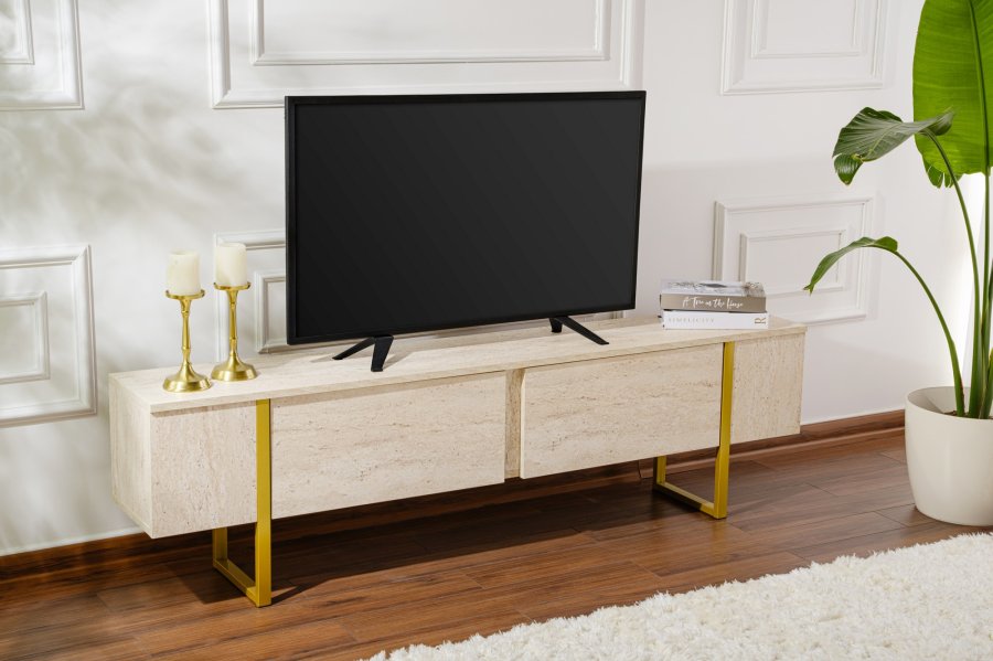 NORDVÄRK Serenity TV-bord, m. 2 lger - travertin melamin og guld (180x29,5)