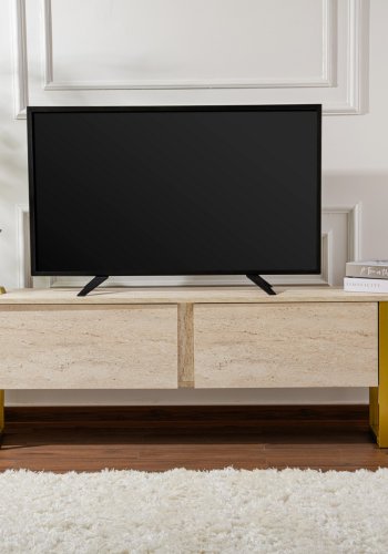 NORDVÄRK Serenity TV-bord, m. 2 lger - travertin melamin og guld (180x29,5)