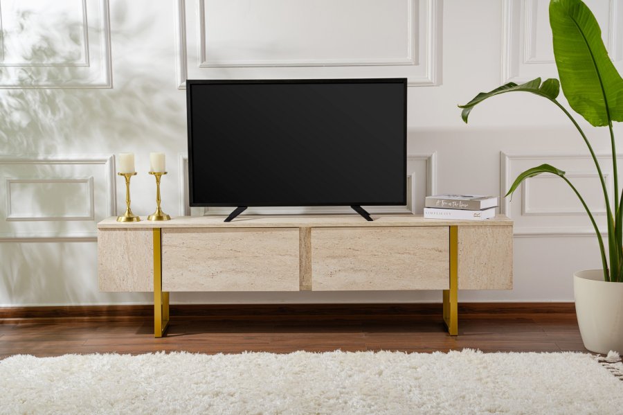 NORDVÄRK Serenity TV-bord, m. 2 lger - travertin melamin og guld (180x29,5)