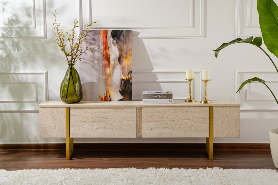 NORDVÄRK Serenity TV-bord, m. 2 lger - travertin melamin og guld (180x29,5)