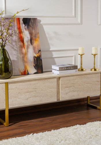 NORDVÄRK Serenity TV-bord, m. 2 lger - travertin melamin og guld (180x29,5)