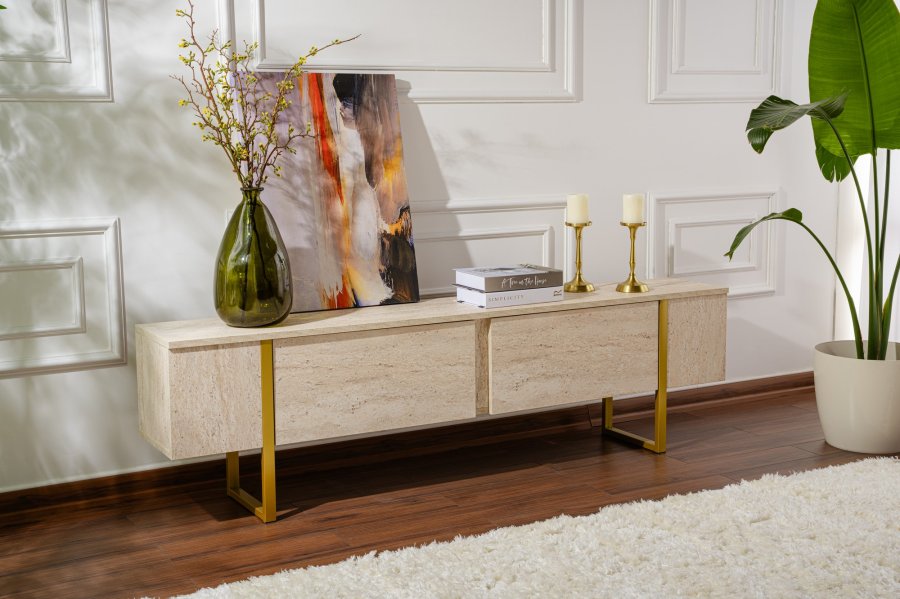 NORDVÄRK Serenity TV-bord, m. 2 lger - travertin melamin og guld (180x29,5)