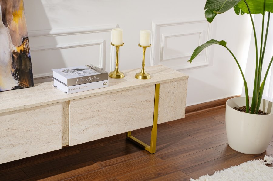 NORDVÄRK Serenity TV-bord, m. 2 lger - travertin melamin og guld (180x29,5)