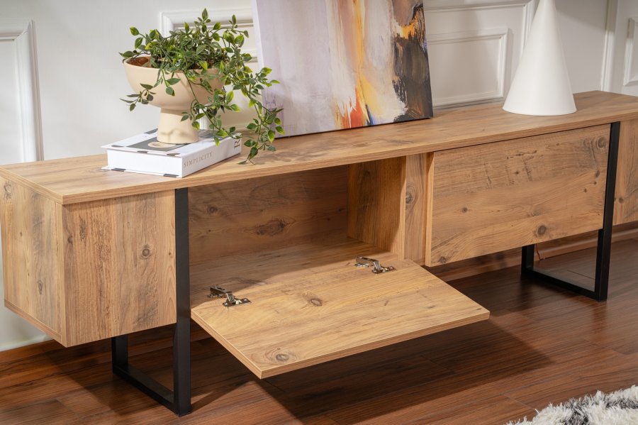 NORDVÄRK Serenity TV-bord, m. 2 lger - Atlantic Pine melamin og sort (180x29,5)