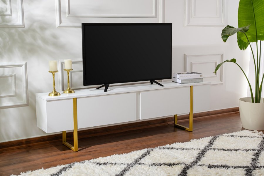 NORDVÄRK Serenity TV-bord, m. 2 lger - hvid melamin og guld (180x29,5)