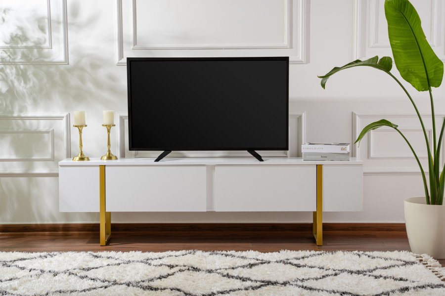 NORDVÄRK Serenity TV-bord, m. 2 lger - hvid melamin og guld (180x29,5)