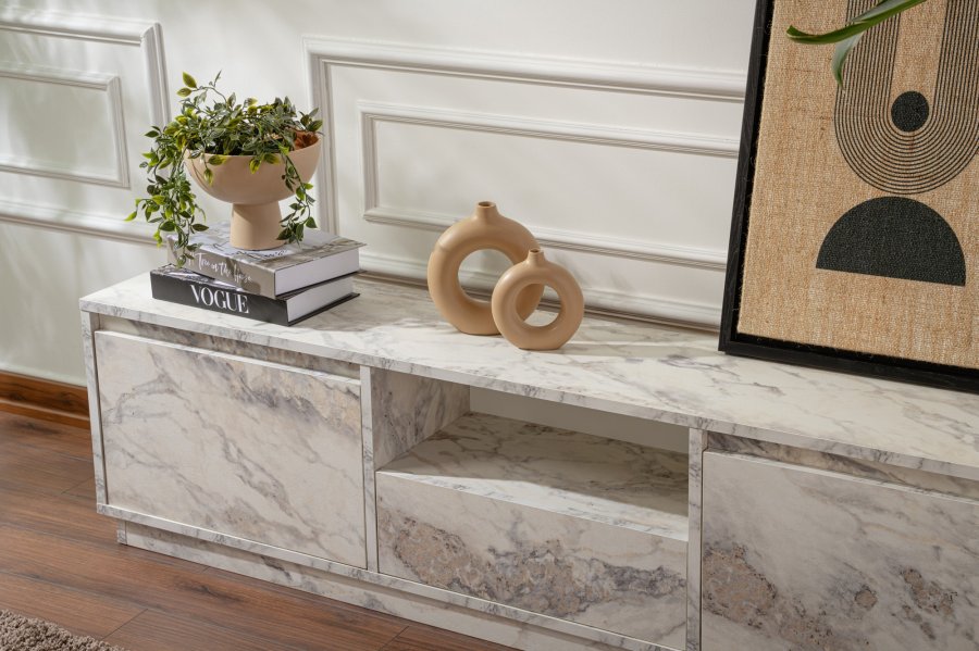 NORDVÄRK Vanguard TV-bord, m. 3 lger og 1 rum - Fressia marmor melamin (160x29,5)