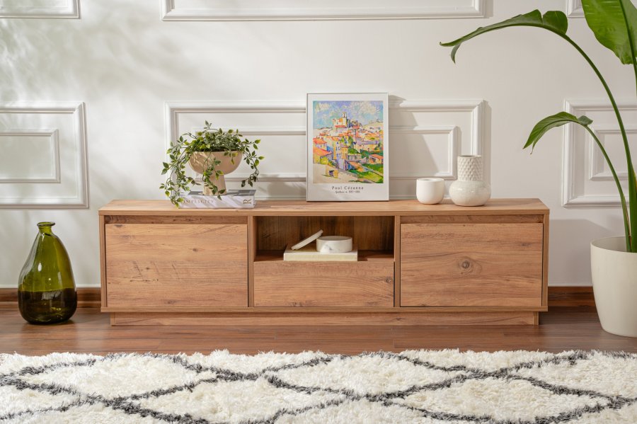 NORDVÄRK Vanguard TV-bord, m. 3 lger og 1 rum - Atlantic Pine melamin (160x29,5)