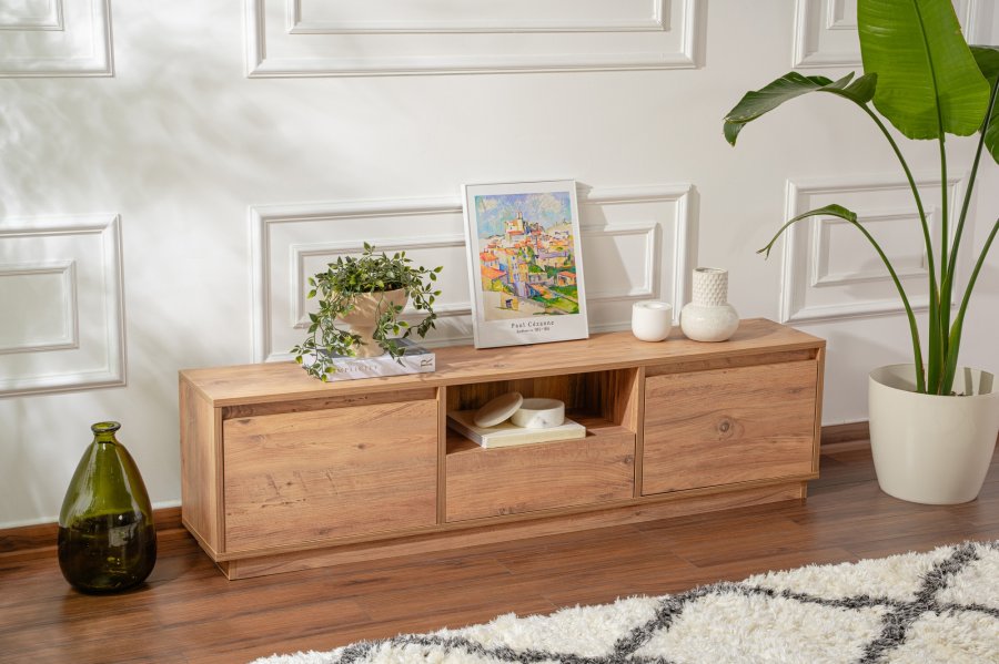 NORDVÄRK Vanguard TV-bord, m. 3 lger og 1 rum - Atlantic Pine melamin (160x29,5)