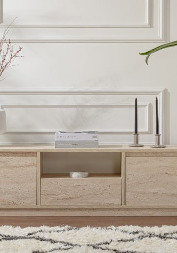 NORDVÄRK Vanguard TV-bord, m. 3 lger og 1 rum - travertin melamin (160x29,5)