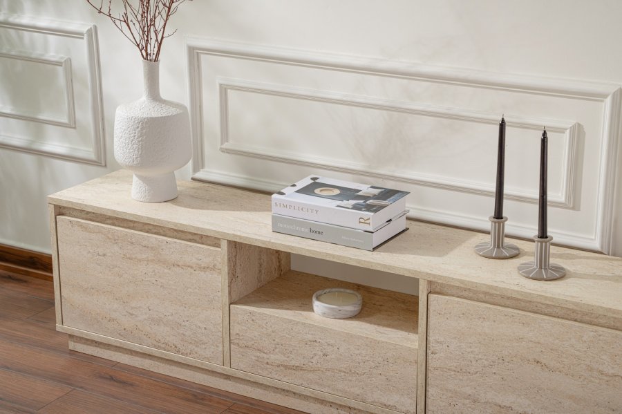 NORDVÄRK Vanguard TV-bord, m. 3 lger og 1 rum - travertin melamin (160x29,5)