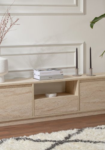 NORDVÄRK Vanguard TV-bord, m. 3 lger og 1 rum - travertin melamin (160x29,5)