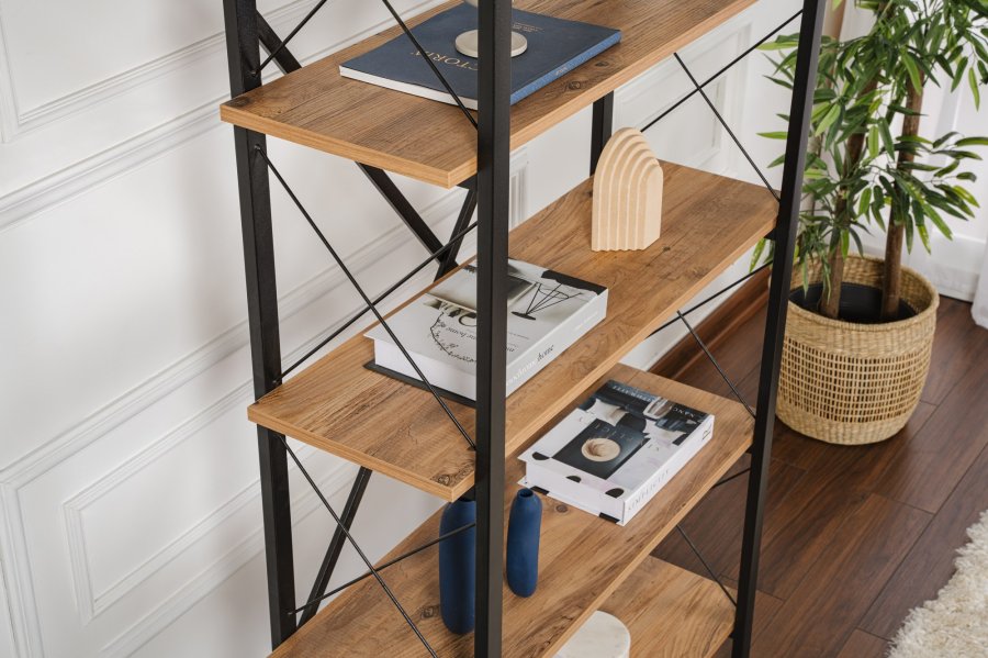 NORDVÄRK Elysian bogreol, m. 5 hylder - Atlantic Pine melamin og sort metal