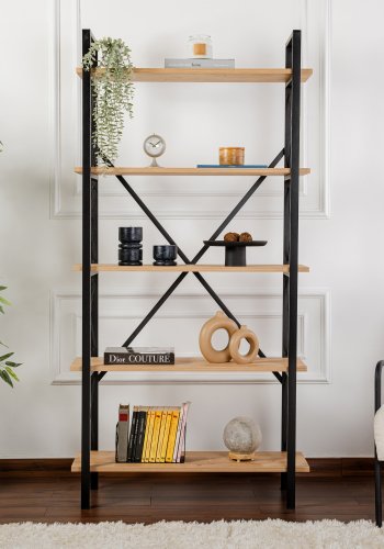 NORDVÄRK Elysian bogreol, m. 5 hylder - egefarvet melamin og sort metal