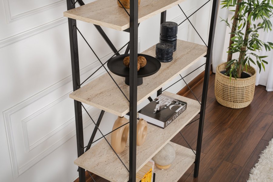 NORDVÄRK Elysian bogreol, m. 5 hylder - travertin melamin og sort metal