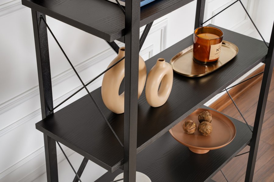 NORDVÄRK Elysian bogreol, m. 5 hylder - sort tr melamin og sort metal