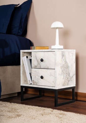 NORDVÄRK Glimmer natbord, m. 1 rum og 2 skuffer - Fressia marmor melamin og sort metal (45,2x29,5)