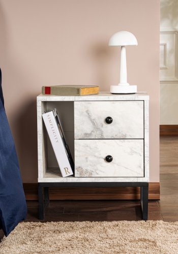 NORDVÄRK Glimmer natbord, m. 1 rum og 2 skuffer - Fressia marmor melamin og sort metal (45,2x29,5)