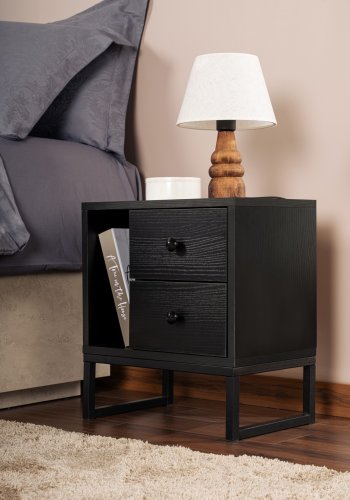 NORDVÄRK Glimmer natbord, m. 1 rum og 2 skuffer - sort tr melamin og sort metal (45,2x29,5)