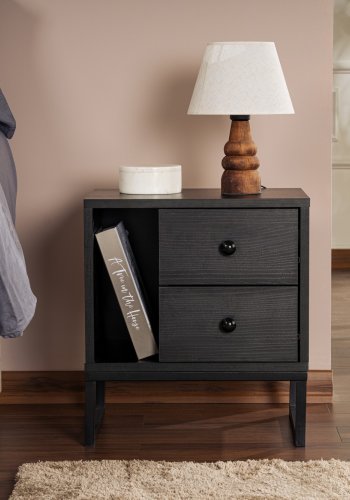 NORDVÄRK Glimmer natbord, m. 1 rum og 2 skuffer - sort tr melamin og sort metal (45,2x29,5)