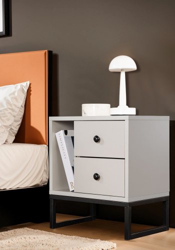 NORDVÄRK Glimmer natbord, m. 1 rum og 2 skuffer - gr melamin og sort metal (45,2x29,5)