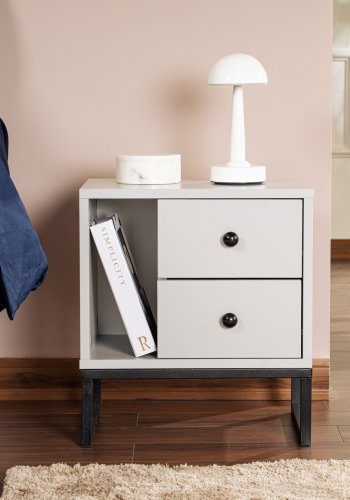 NORDVÄRK Glimmer natbord, m. 1 rum og 2 skuffer - gr melamin og sort metal (45,2x29,5)