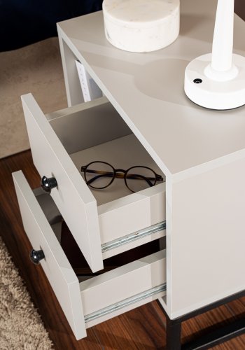 NORDVÄRK Glimmer natbord, m. 1 rum og 2 skuffer - gr melamin og sort metal (45,2x29,5)