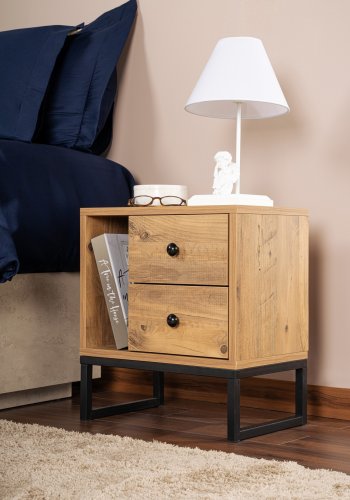 NORDVÄRK Glimmer natbord, m. 1 rum og 2 skuffer - Atlantic Pine melamin og sort metal (45,2x29,5)