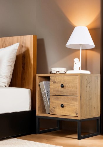 NORDVÄRK Glimmer natbord, m. 1 rum og 2 skuffer - Atlantic Pine melamin og sort metal (45,2x29,5)