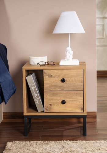 NORDVÄRK Glimmer natbord, m. 1 rum og 2 skuffer - Atlantic Pine melamin og sort metal (45,2x29,5)