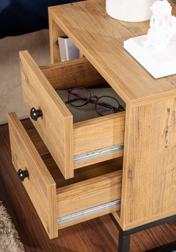 NORDVÄRK Glimmer natbord, m. 1 rum og 2 skuffer - Atlantic Pine melamin og sort metal (45,2x29,5)