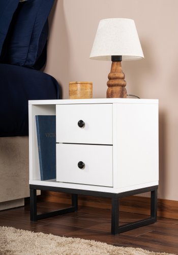 NORDVÄRK Glimmer natbord, m. 1 rum og 2 skuffer - hvid melamin og sort metal (45,2x29,5)