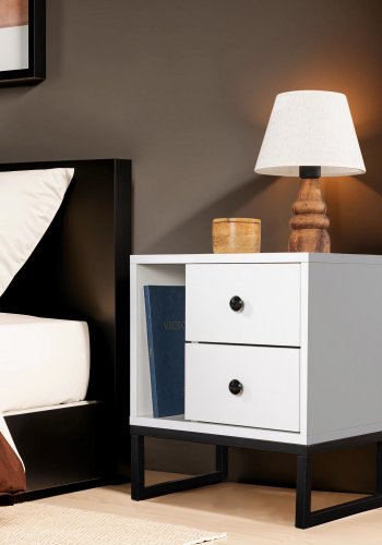 NORDVÄRK Glimmer natbord, m. 1 rum og 2 skuffer - hvid melamin og sort metal (45,2x29,5)