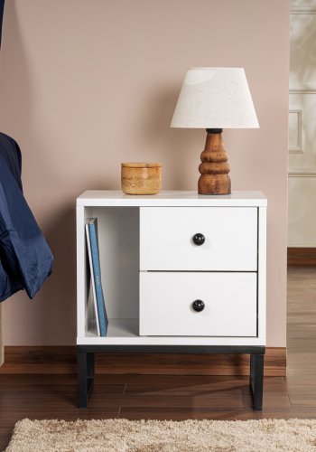 NORDVÄRK Glimmer natbord, m. 1 rum og 2 skuffer - hvid melamin og sort metal (45,2x29,5)