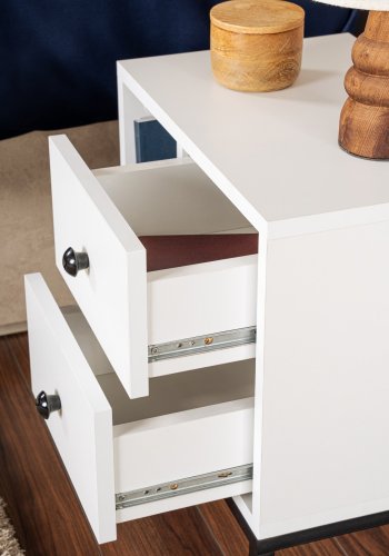 NORDVÄRK Glimmer natbord, m. 1 rum og 2 skuffer - hvid melamin og sort metal (45,2x29,5)