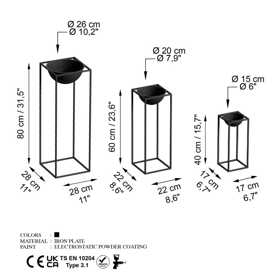 NORDVÄRK GED-019 blomsterstander - sort metal (st med 3)