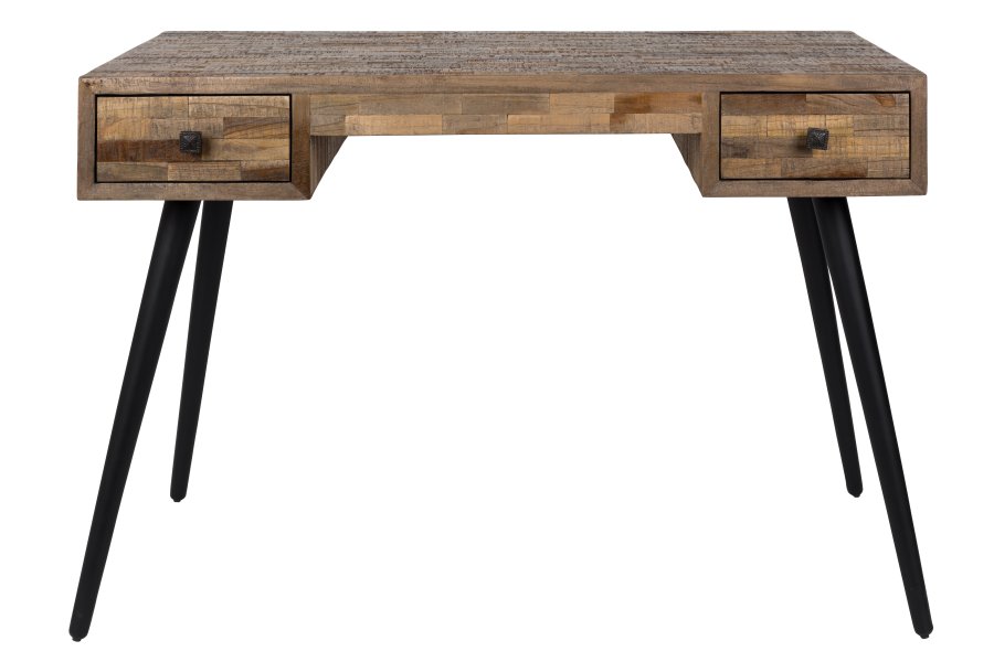 WHITE LABEL LIVING Leo skrivebord, m. 2 skuffer - brun teaktr og sort metal (113x55,5)