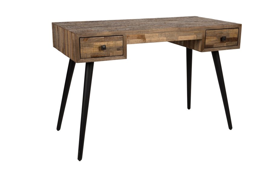 WHITE LABEL LIVING Leo skrivebord, m. 2 skuffer - brun teaktr og sort metal (113x55,5)