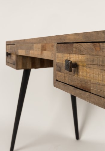 WHITE LABEL LIVING Leo skrivebord, m. 2 skuffer - brun teaktr og sort metal (113x55,5)