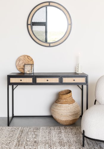 WHITE LABEL LIVING Guuji konsolbord, m. 3 skuffer - rattan og sort MDF/metal (120x40)