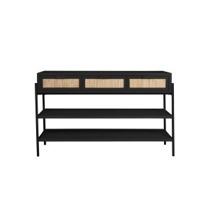 DUTCHBONE Yasu konsolbord, m. 2 hylder og 3 skuffer - natur rattan og sort tr/jern (120x38)